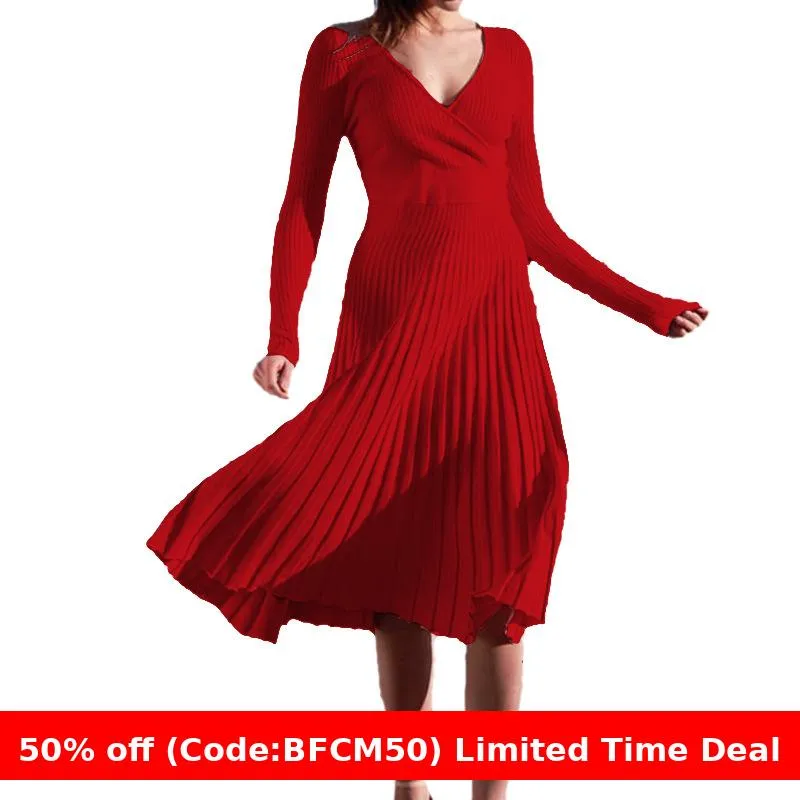 Flytonnshop winter outfits men 2024 Spring and Autumn Elegant Women's Long-Sleeved V-neck Wrapped Chest Mid-Length Knitted Pleated Dress Bottoming Skirt