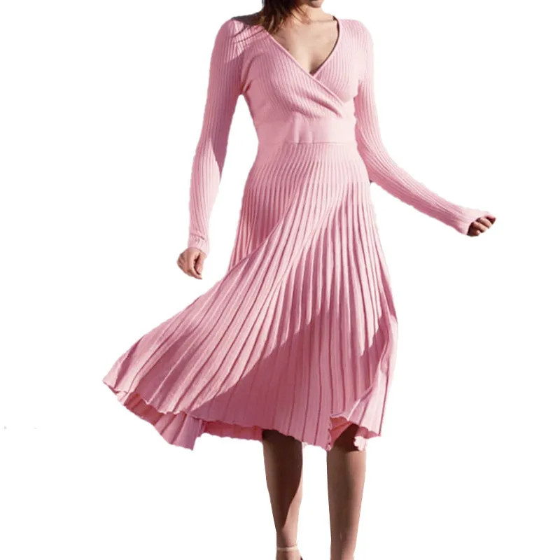 Flytonnshop winter outfits men 2024 Spring and Autumn Elegant Women's Long-Sleeved V-neck Wrapped Chest Mid-Length Knitted Pleated Dress Bottoming Skirt