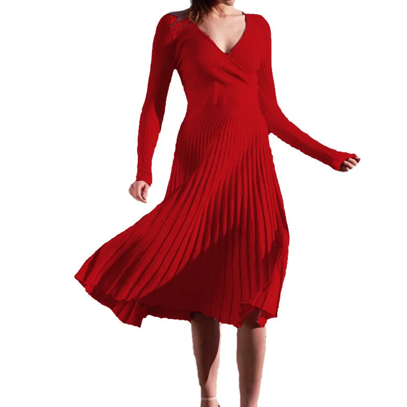 Flytonnshop winter outfits men 2024 Spring and Autumn Elegant Women's Long-Sleeved V-neck Wrapped Chest Mid-Length Knitted Pleated Dress Bottoming Skirt