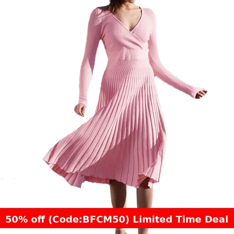 Flytonnshop winter outfits men 2024 Spring and Autumn Elegant Women's Long-Sleeved V-neck Wrapped Chest Mid-Length Knitted Pleated Dress Bottoming Skirt