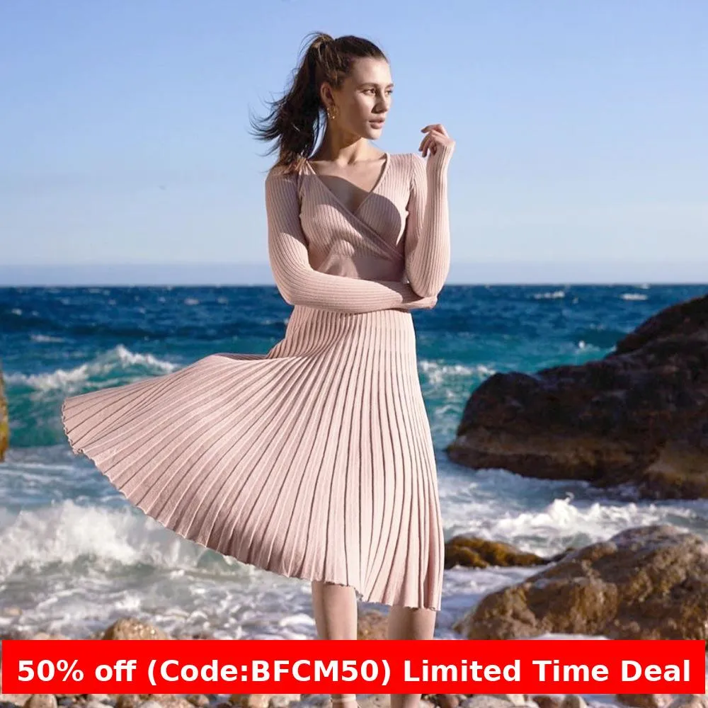 Flytonnshop winter outfits men 2024 Spring and Autumn Elegant Women's Long-Sleeved V-neck Wrapped Chest Mid-Length Knitted Pleated Dress Bottoming Skirt