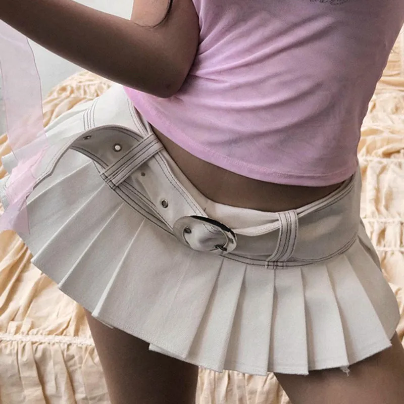 Girlary-shop concert outfit dress to impress 2024 Summer New Solid Color Low Waist Hot Girl Mini Denim Pleated Skirt Short with Belt Batch