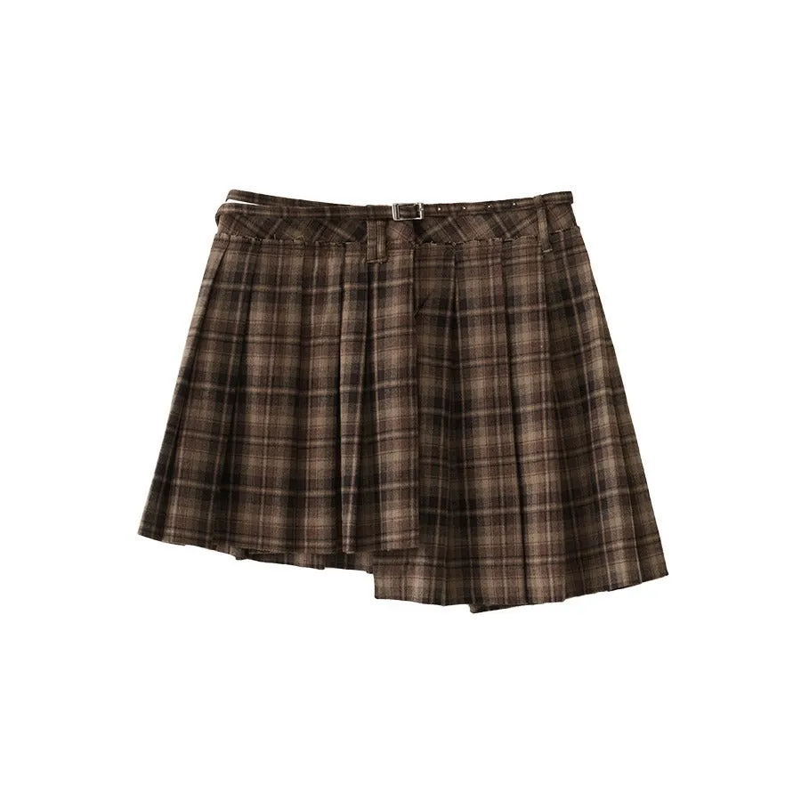 Girlary-shop y2k outfits Nantao Korean Style Sweet and Spicy Plaid Pleated Skirt Women's Autumn New Design Belt Skirt Retro A- line Skirt