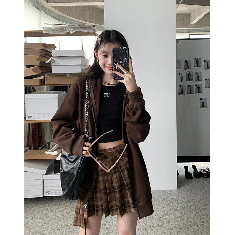 Girlary-shop y2k outfits Nantao Korean Style Sweet and Spicy Plaid Pleated Skirt Women's Autumn New Design Belt Skirt Retro A- line Skirt