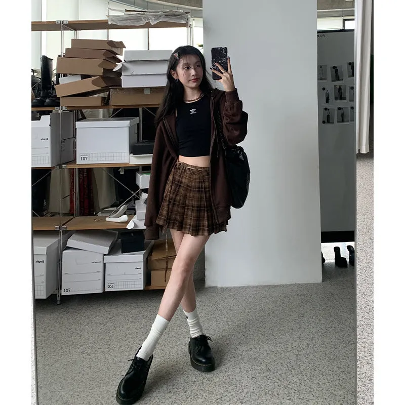 Girlary-shop y2k outfits Nantao Korean Style Sweet and Spicy Plaid Pleated Skirt Women's Autumn New Design Belt Skirt Retro A- line Skirt