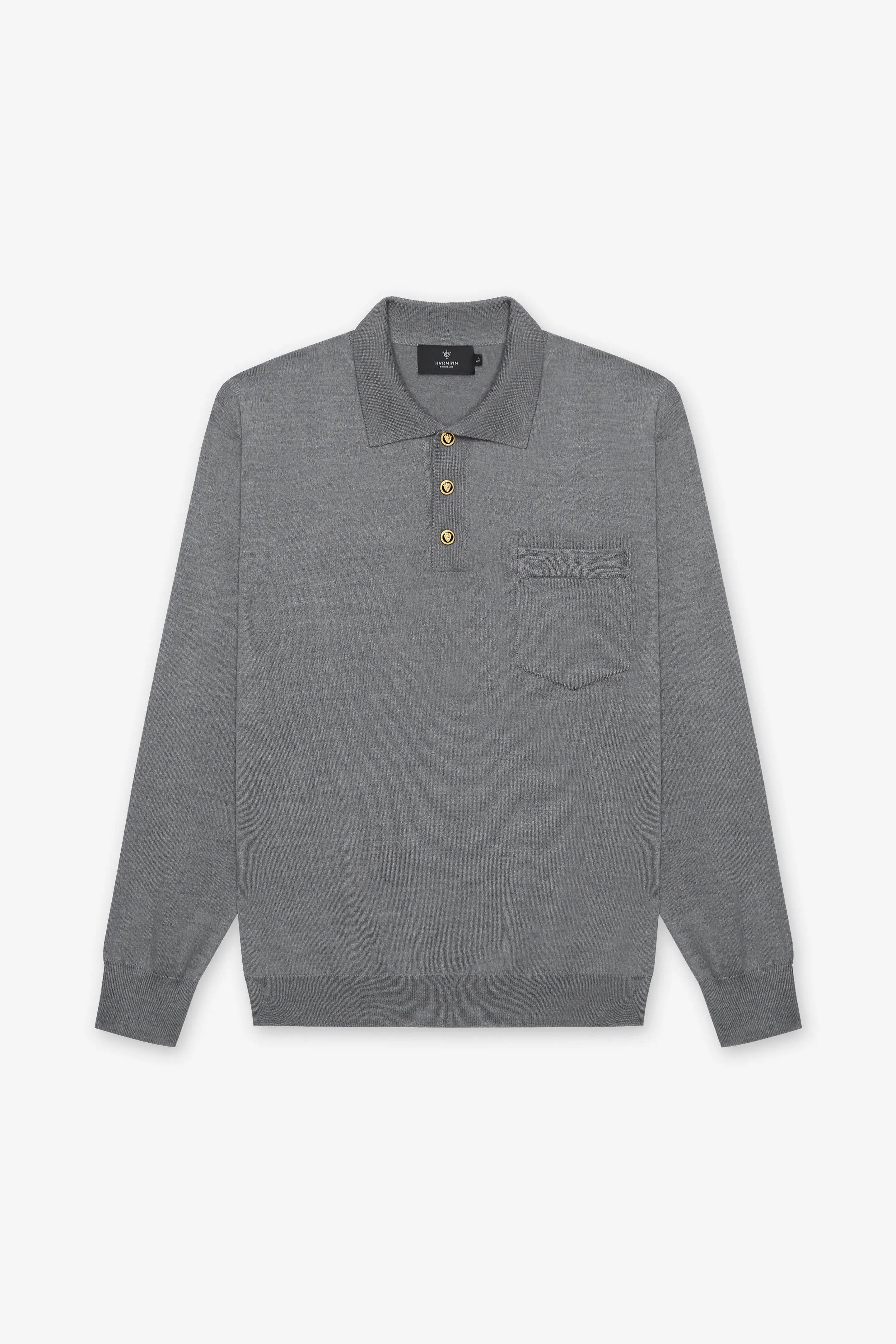 GRAY POLO SWEATER W. GOLD BUTTONS