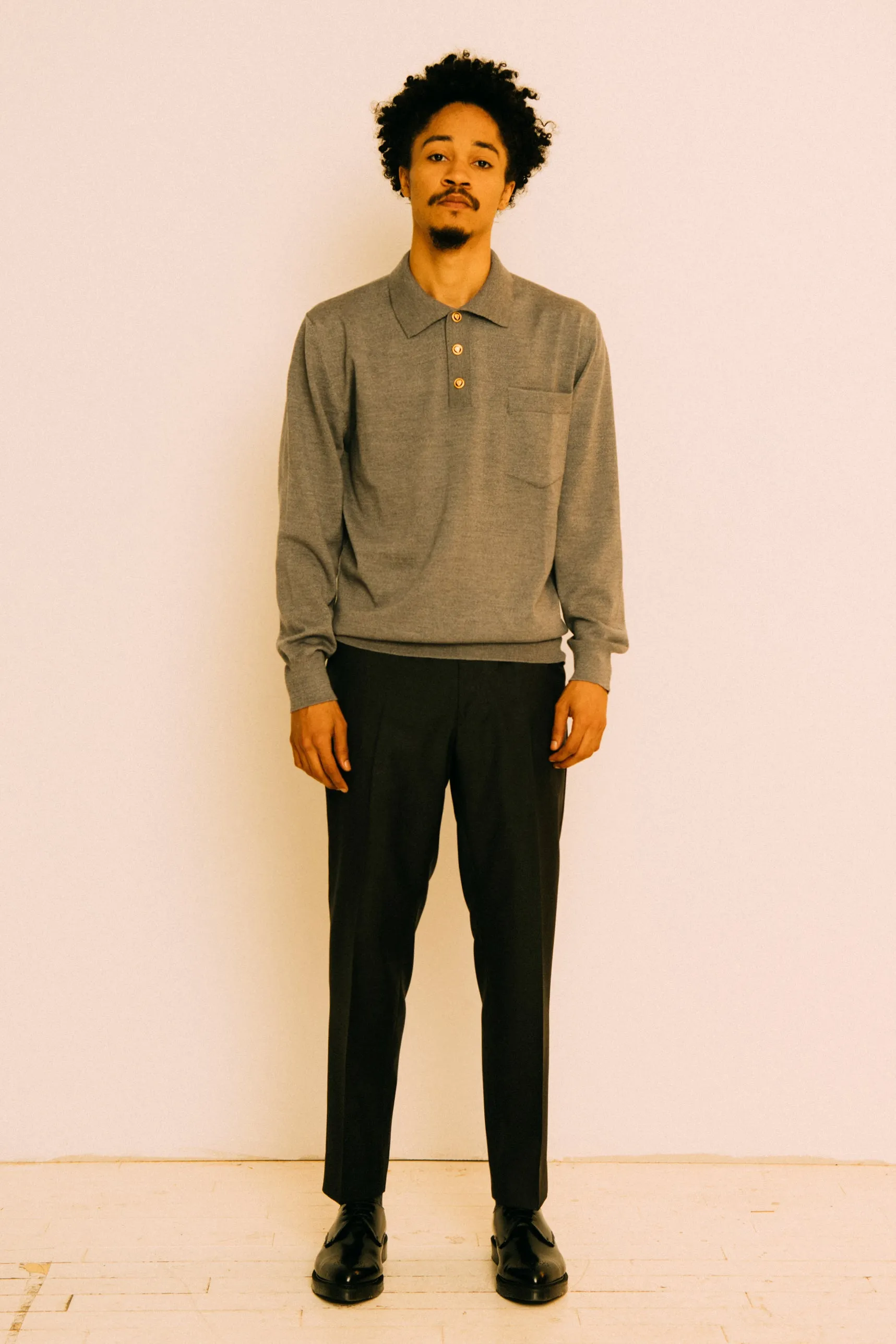 GRAY POLO SWEATER W. GOLD BUTTONS