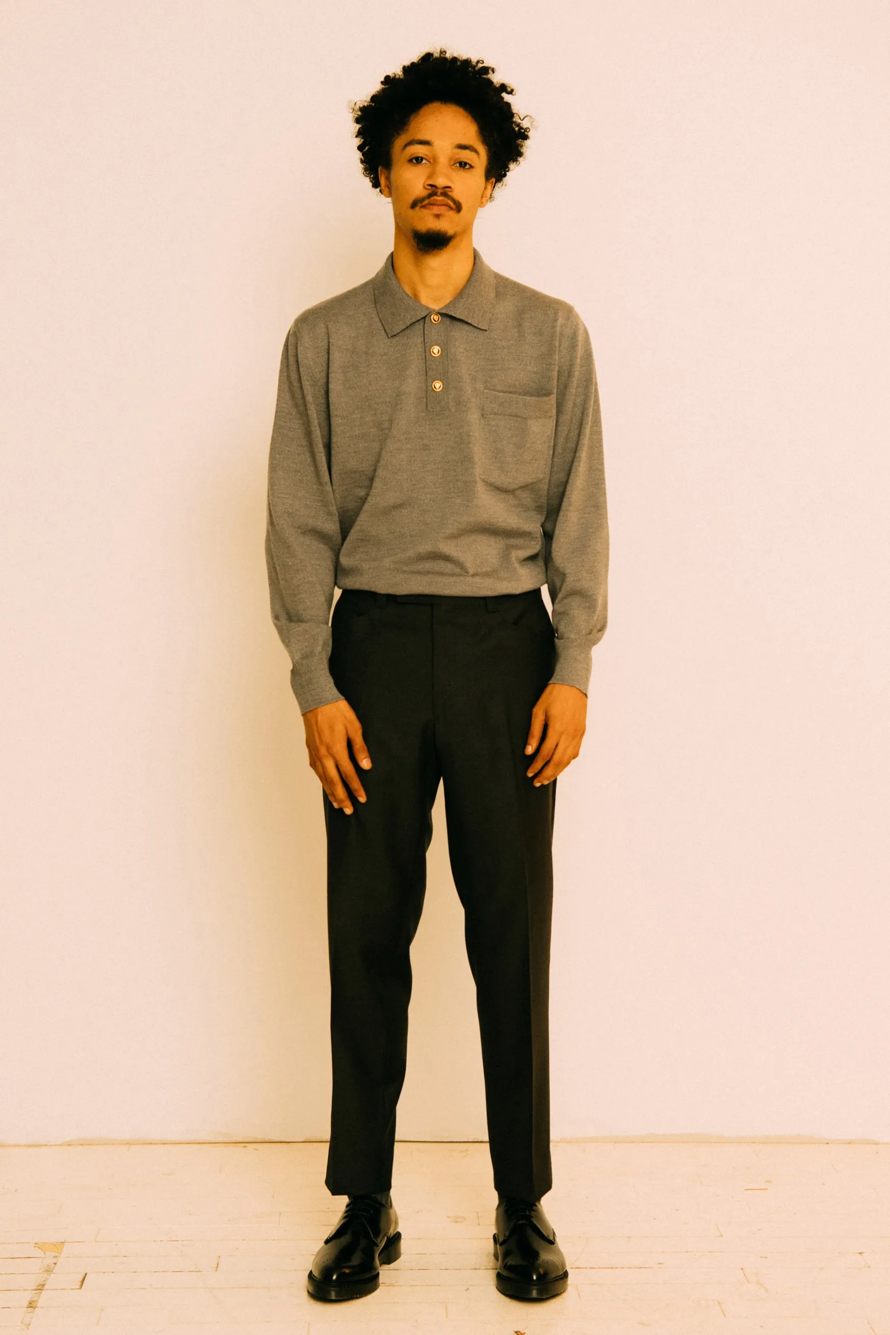 GRAY POLO SWEATER W. GOLD BUTTONS
