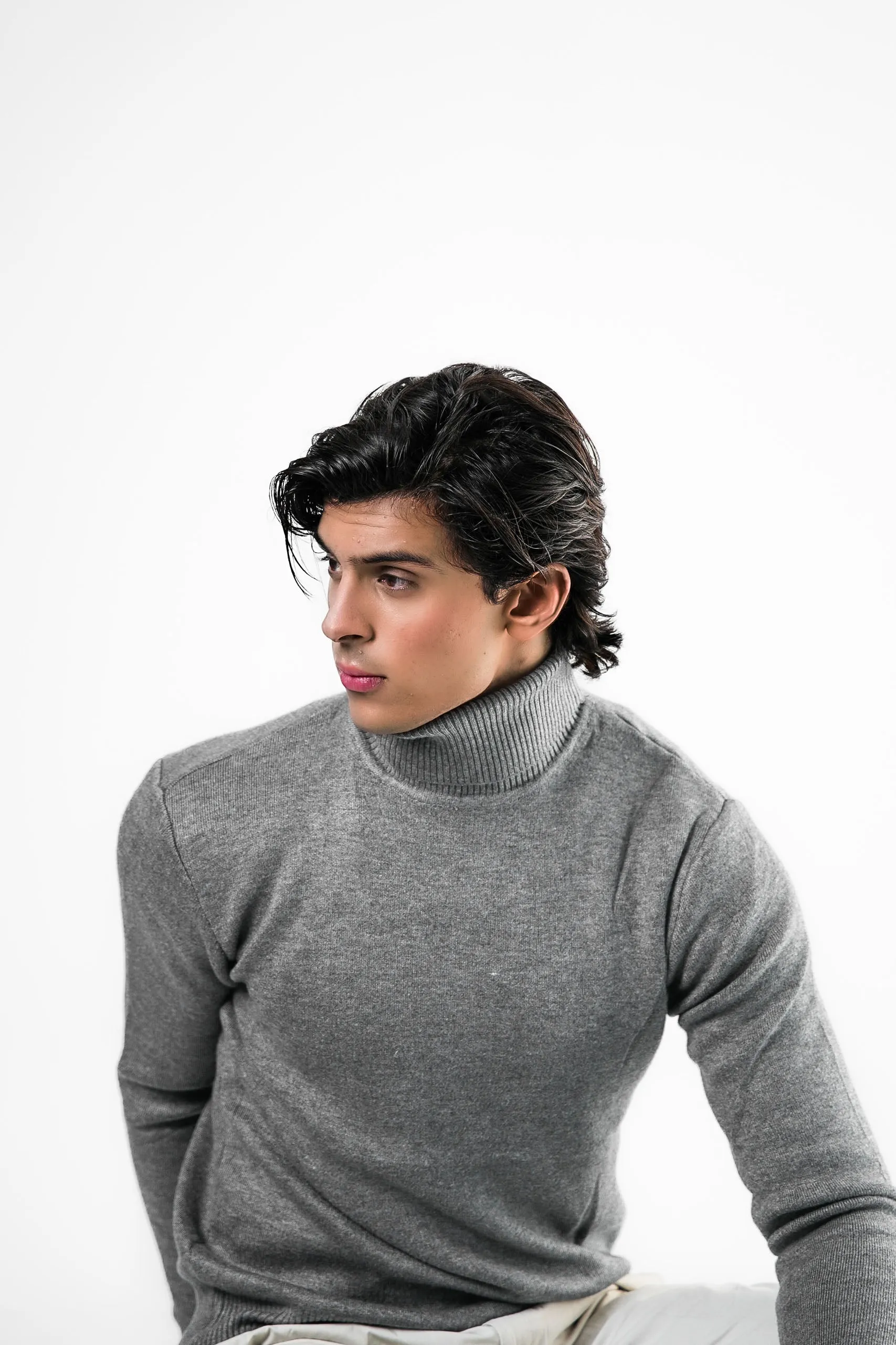 Grey Turtleneck Knit Sweater