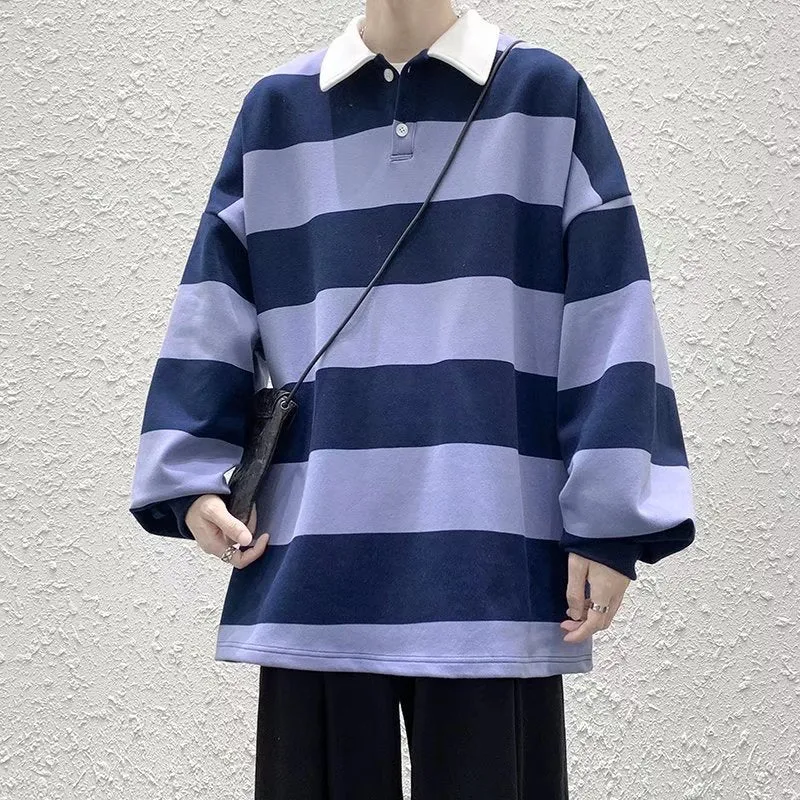 Jinquedai rugby shirt outfit Spring and Autumn New Versatile Casual Hong Kong Style Striped Loose Sweater Korean Style Trendy Lapel Polo Shirt Bottoming Shirt
