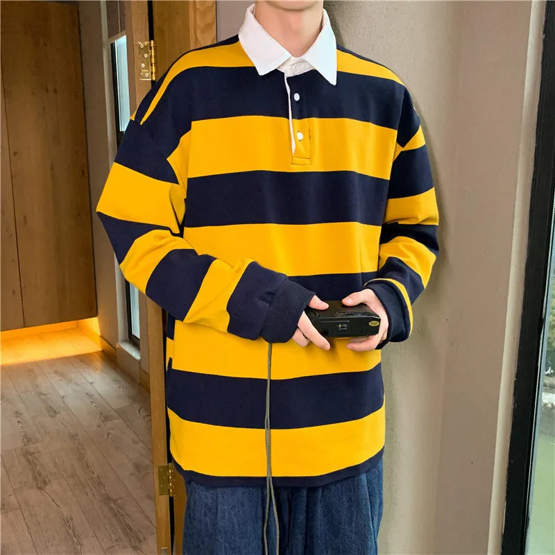 Jinquedai rugby shirt outfit Spring and Autumn New Versatile Casual Hong Kong Style Striped Loose Sweater Korean Style Trendy Lapel Polo Shirt Bottoming Shirt