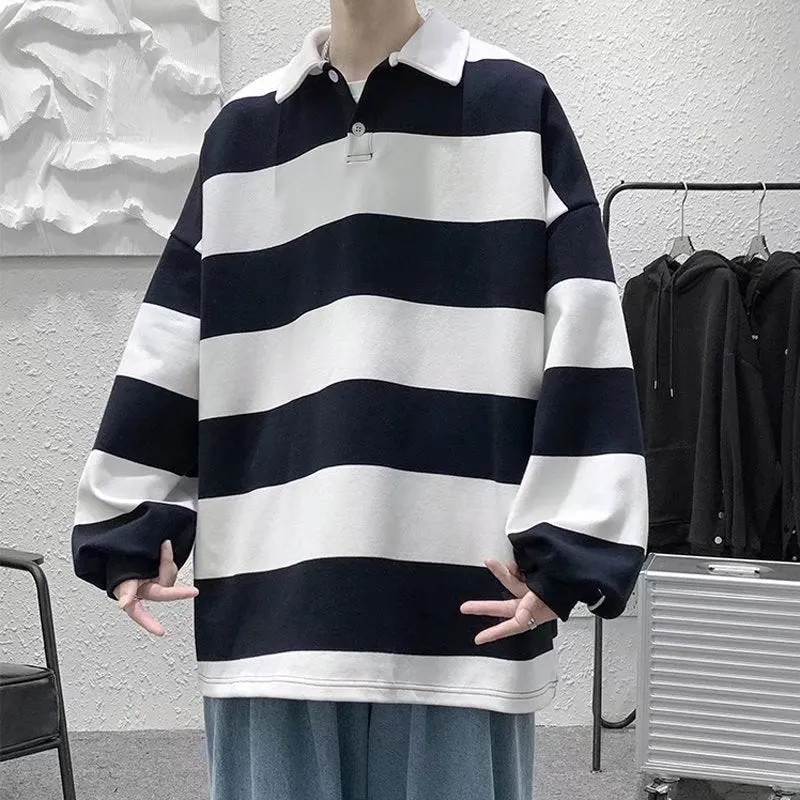 Jinquedai rugby shirt outfit Spring and Autumn New Versatile Casual Hong Kong Style Striped Loose Sweater Korean Style Trendy Lapel Polo Shirt Bottoming Shirt