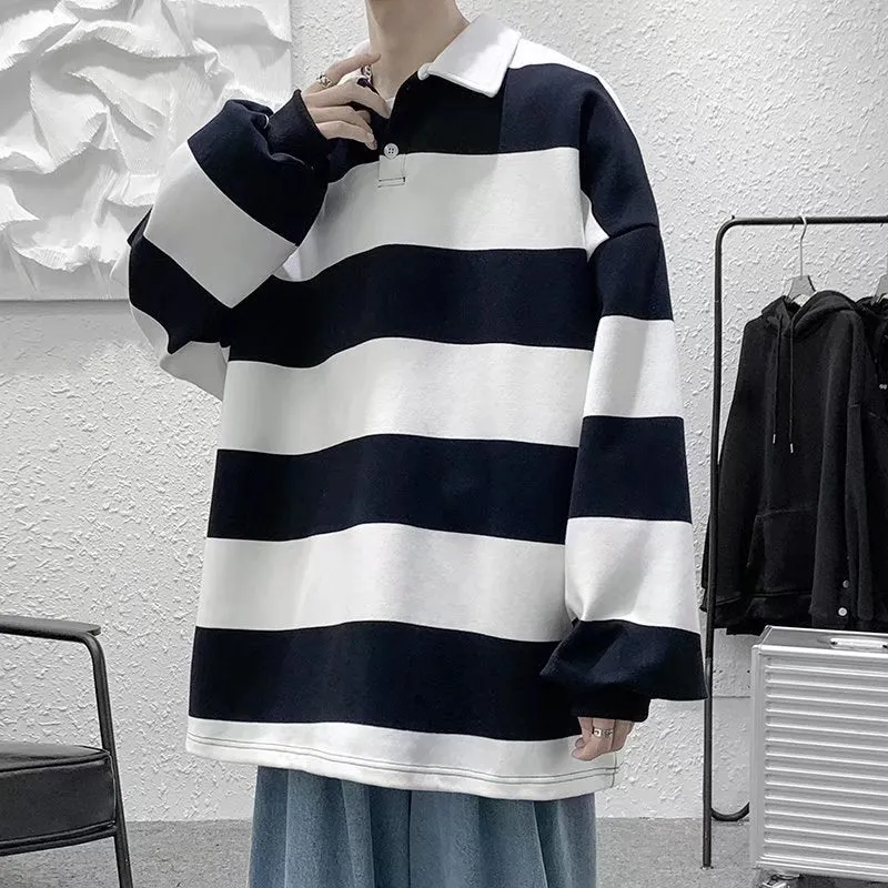 Jinquedai rugby shirt outfit Spring and Autumn New Versatile Casual Hong Kong Style Striped Loose Sweater Korean Style Trendy Lapel Polo Shirt Bottoming Shirt