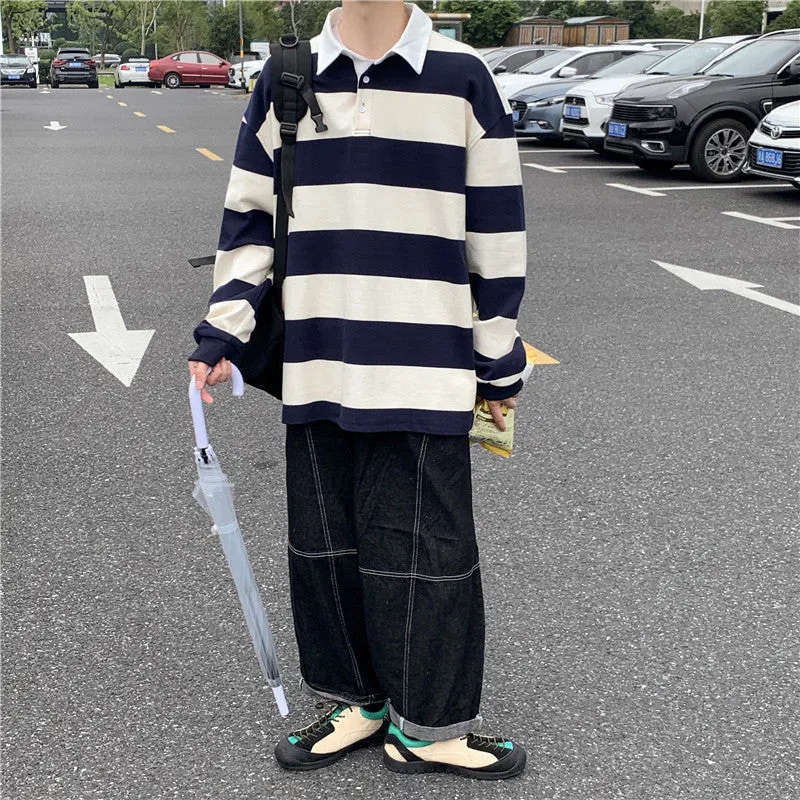 Jinquedai rugby shirt outfit Spring and Autumn New Versatile Casual Hong Kong Style Striped Loose Sweater Korean Style Trendy Lapel Polo Shirt Bottoming Shirt