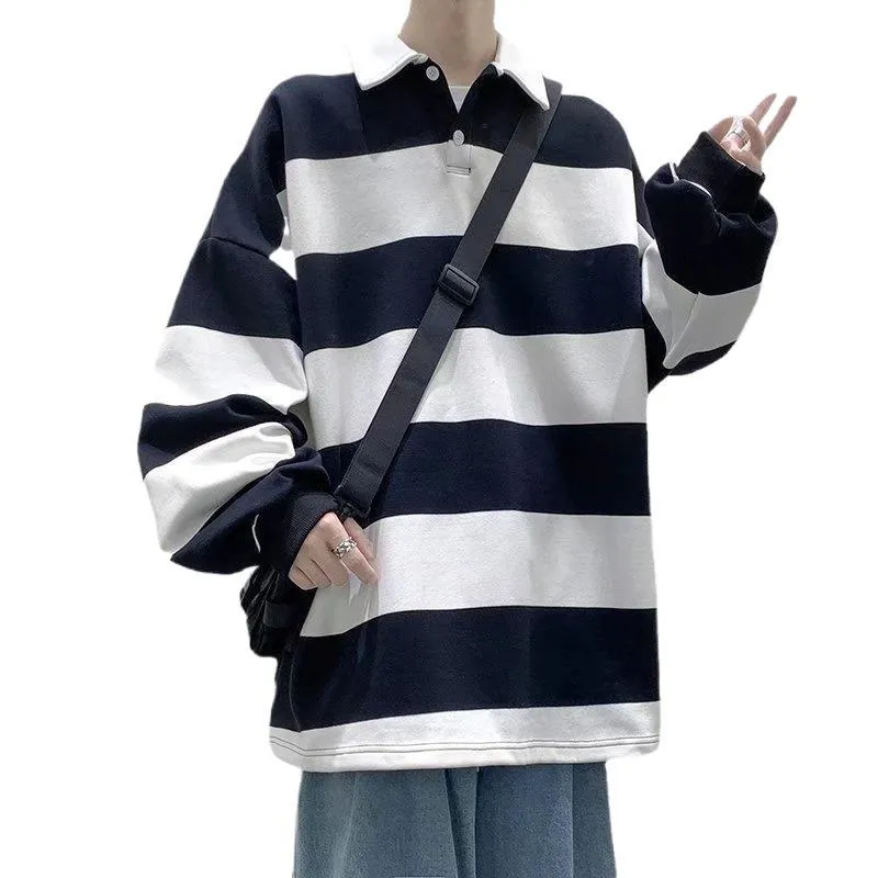 Jinquedai rugby shirt outfit Spring and Autumn New Versatile Casual Hong Kong Style Striped Loose Sweater Korean Style Trendy Lapel Polo Shirt Bottoming Shirt
