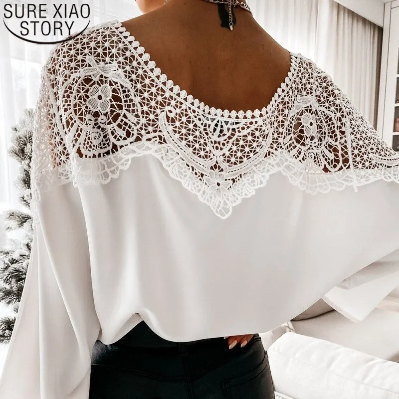 Joskaa Backless Hollow Out Tops Fashion Lace Blouse Women White Lace Shirts O-Neck Long Sleeve Shirt Casual Sexy Loose Blouse 12459