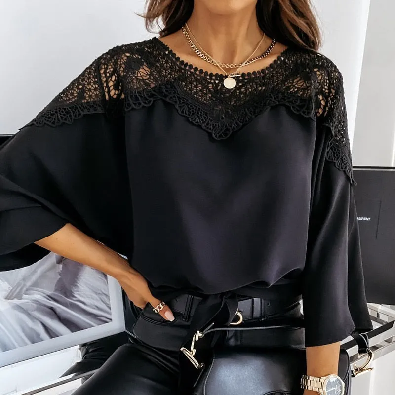 Joskaa Backless Hollow Out Tops Fashion Lace Blouse Women White Lace Shirts O-Neck Long Sleeve Shirt Casual Sexy Loose Blouse 12459