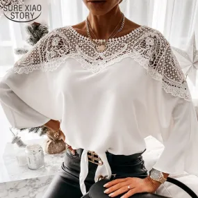 Joskaa Backless Hollow Out Tops Fashion Lace Blouse Women White Lace Shirts O-Neck Long Sleeve Shirt Casual Sexy Loose Blouse 12459