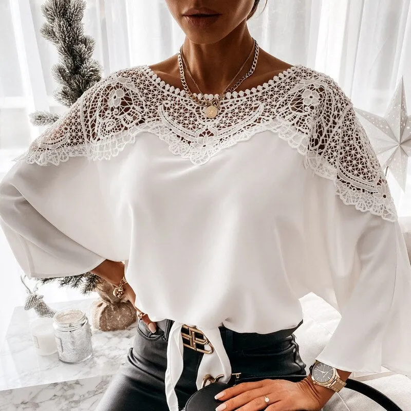 Joskaa Backless Hollow Out Tops Fashion Lace Blouse Women White Lace Shirts O-Neck Long Sleeve Shirt Casual Sexy Loose Blouse 12459