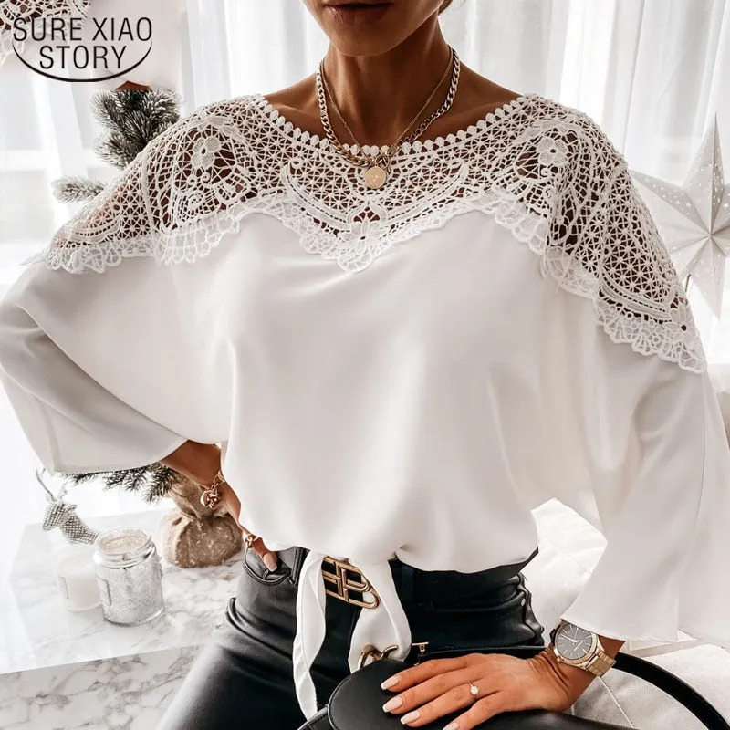 Joskaa Backless Hollow Out Tops Fashion Lace Blouse Women White Lace Shirts O-Neck Long Sleeve Shirt Casual Sexy Loose Blouse 12459