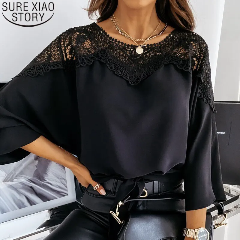 Joskaa Backless Hollow Out Tops Fashion Lace Blouse Women White Lace Shirts O-Neck Long Sleeve Shirt Casual Sexy Loose Blouse 12459