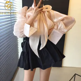 Joskaa Christmas Gift Elegant Bow Design Work Style Ol Solid Blouse Women Pullover Long Sleeve Loose Blusas Summer 2024 New chiffon Shirt