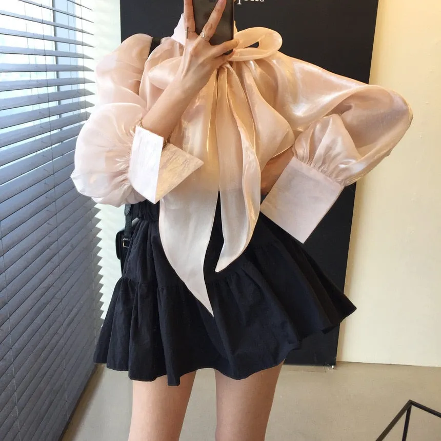 Joskaa Christmas Gift Elegant Bow Design Work Style Ol Solid Blouse Women Pullover Long Sleeve Loose Blusas Summer 2024 New chiffon Shirt