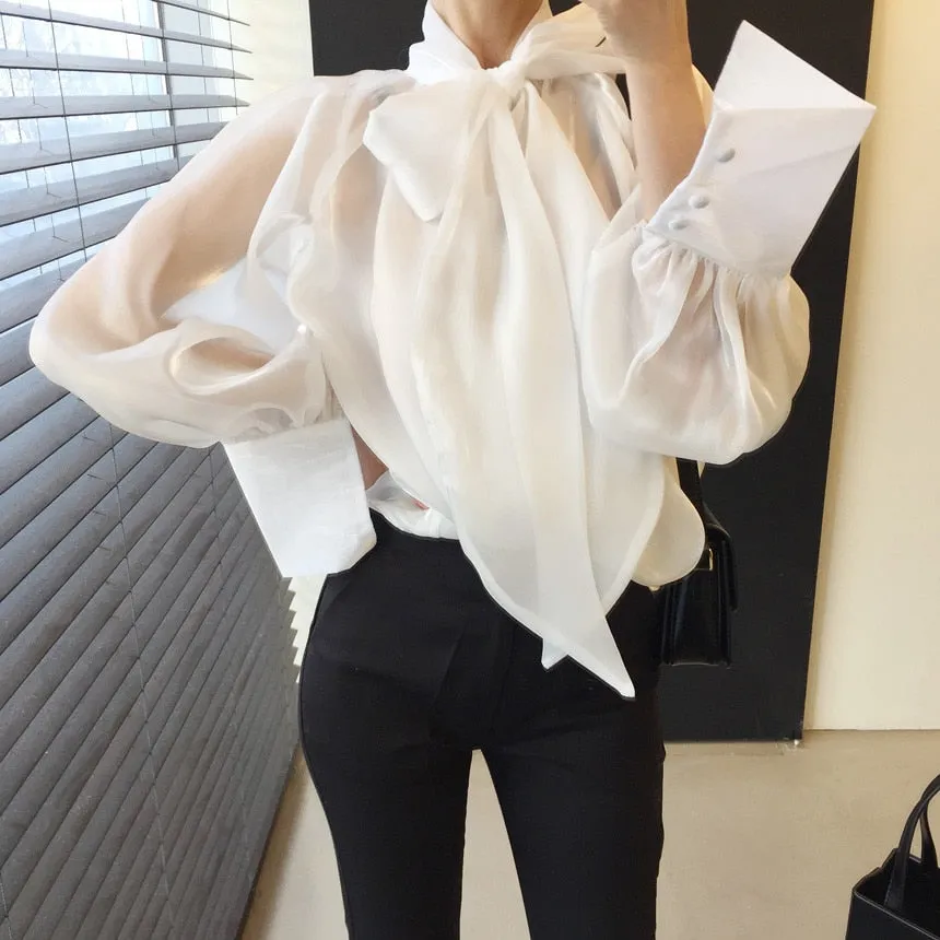 Joskaa Christmas Gift Elegant Bow Design Work Style Ol Solid Blouse Women Pullover Long Sleeve Loose Blusas Summer 2024 New chiffon Shirt