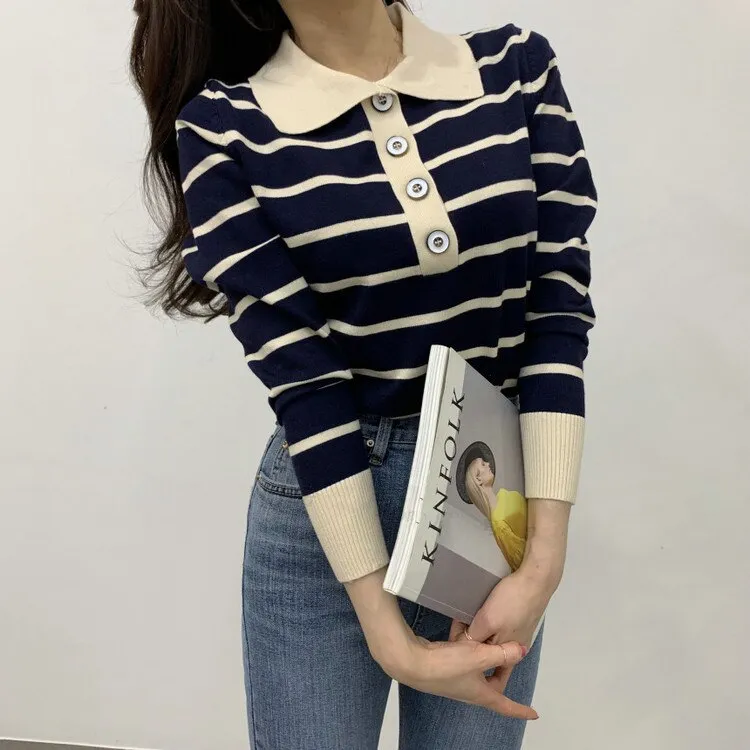 Joskaa Christmas Gift New Retro Loose Women's Sweater Single-breasted Small Lapel Sweater 2024 Korean Autumn and Winter Long Sleeve Pullover