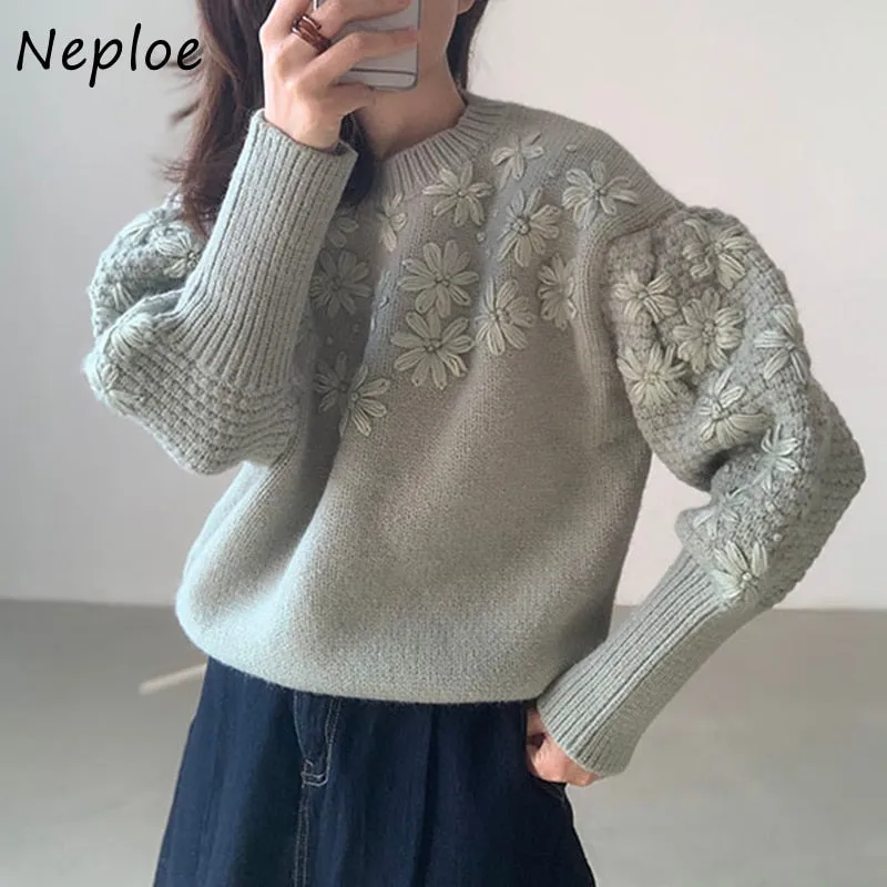 Joskaa Christmas Gift Retro Round Neck Woman Sweaters Three-dimensional Embroidery Floral Sweater Loose Casual Lantern Sleeve Knitted Pullover