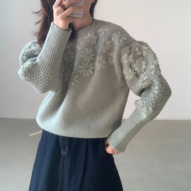 Joskaa Christmas Gift Retro Round Neck Woman Sweaters Three-dimensional Embroidery Floral Sweater Loose Casual Lantern Sleeve Knitted Pullover
