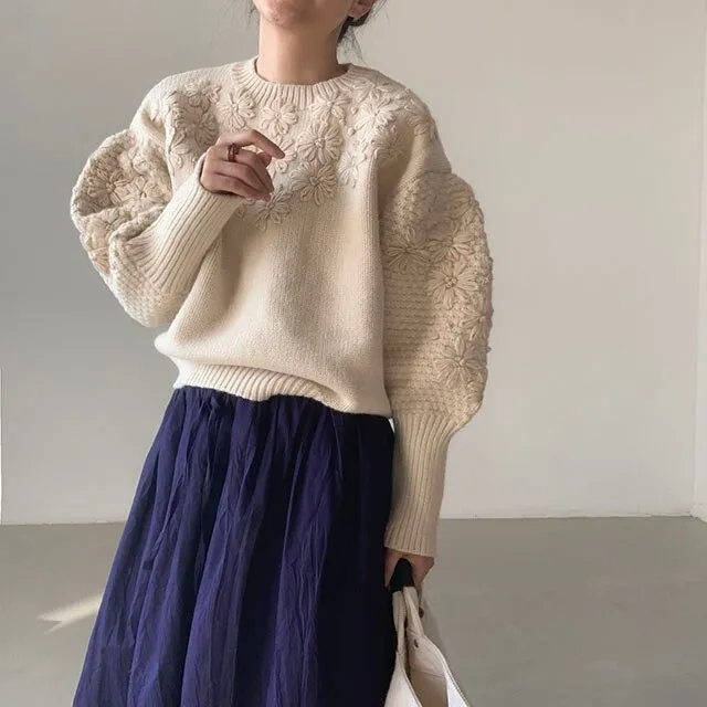 Joskaa Christmas Gift Retro Round Neck Woman Sweaters Three-dimensional Embroidery Floral Sweater Loose Casual Lantern Sleeve Knitted Pullover