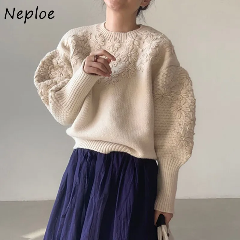 Joskaa Christmas Gift Retro Round Neck Woman Sweaters Three-dimensional Embroidery Floral Sweater Loose Casual Lantern Sleeve Knitted Pullover
