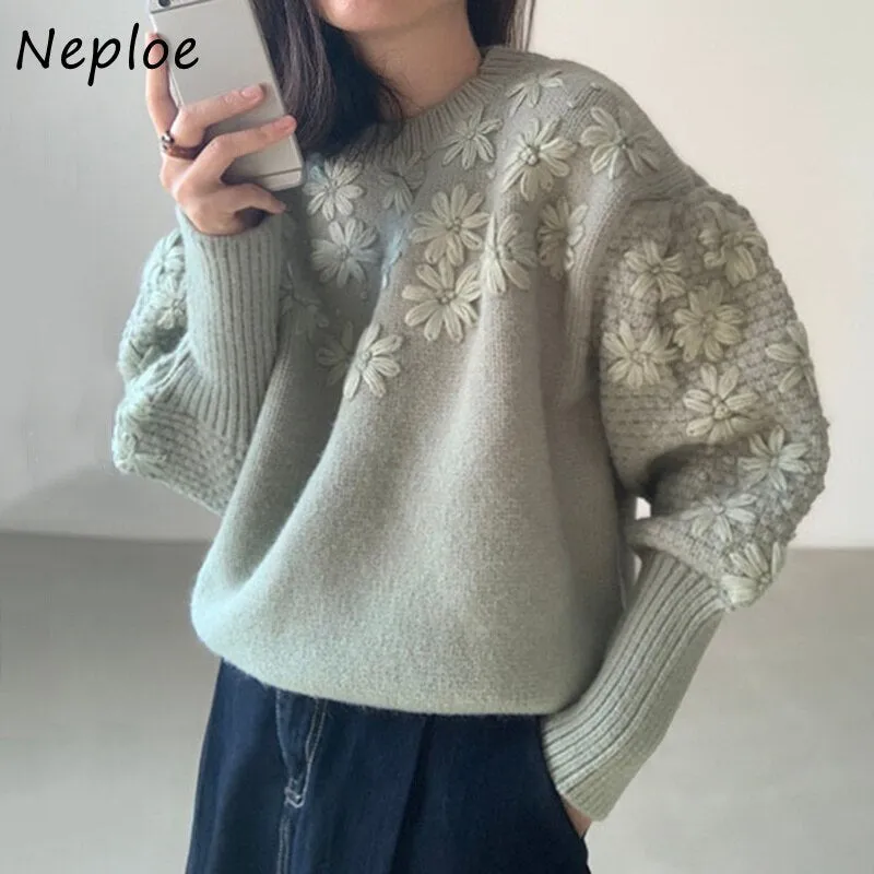 Joskaa Christmas Gift Retro Round Neck Woman Sweaters Three-dimensional Embroidery Floral Sweater Loose Casual Lantern Sleeve Knitted Pullover