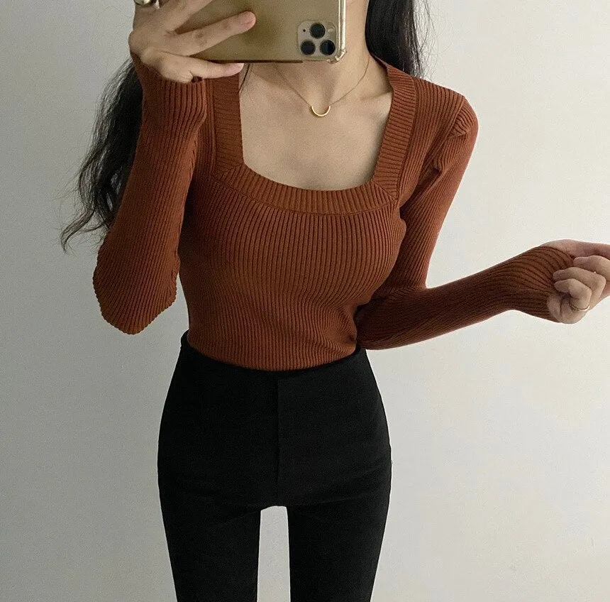 Joskaa Christmas Gift Retro Temperament Pullover Contrast Striped Womens Sweaters Chic Autumn  Square Neck Slim Sweater Women Long Sleeve Top