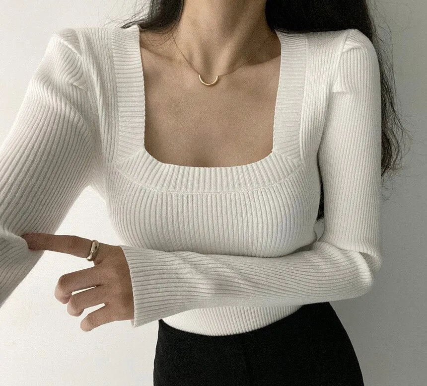 Joskaa Christmas Gift Retro Temperament Pullover Contrast Striped Womens Sweaters Chic Autumn  Square Neck Slim Sweater Women Long Sleeve Top
