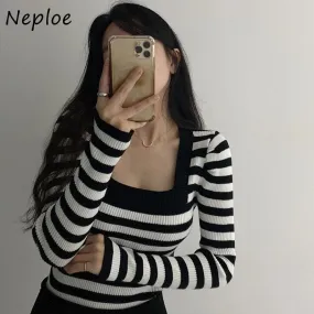 Joskaa Christmas Gift Retro Temperament Pullover Contrast Striped Womens Sweaters Chic Autumn  Square Neck Slim Sweater Women Long Sleeve Top