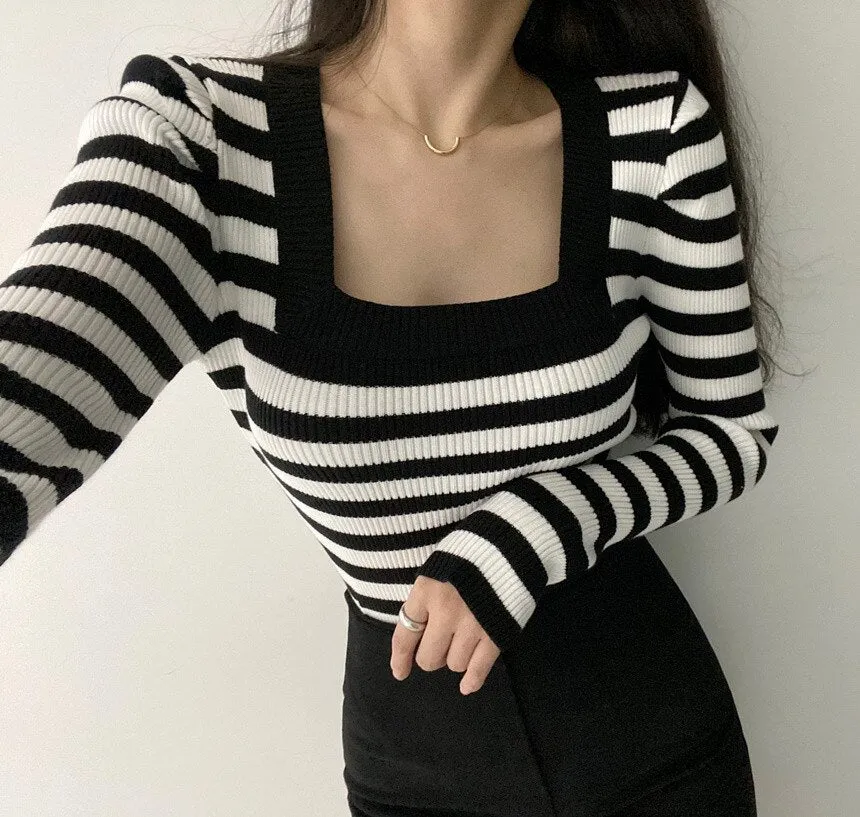 Joskaa Christmas Gift Retro Temperament Pullover Contrast Striped Womens Sweaters Chic Autumn  Square Neck Slim Sweater Women Long Sleeve Top