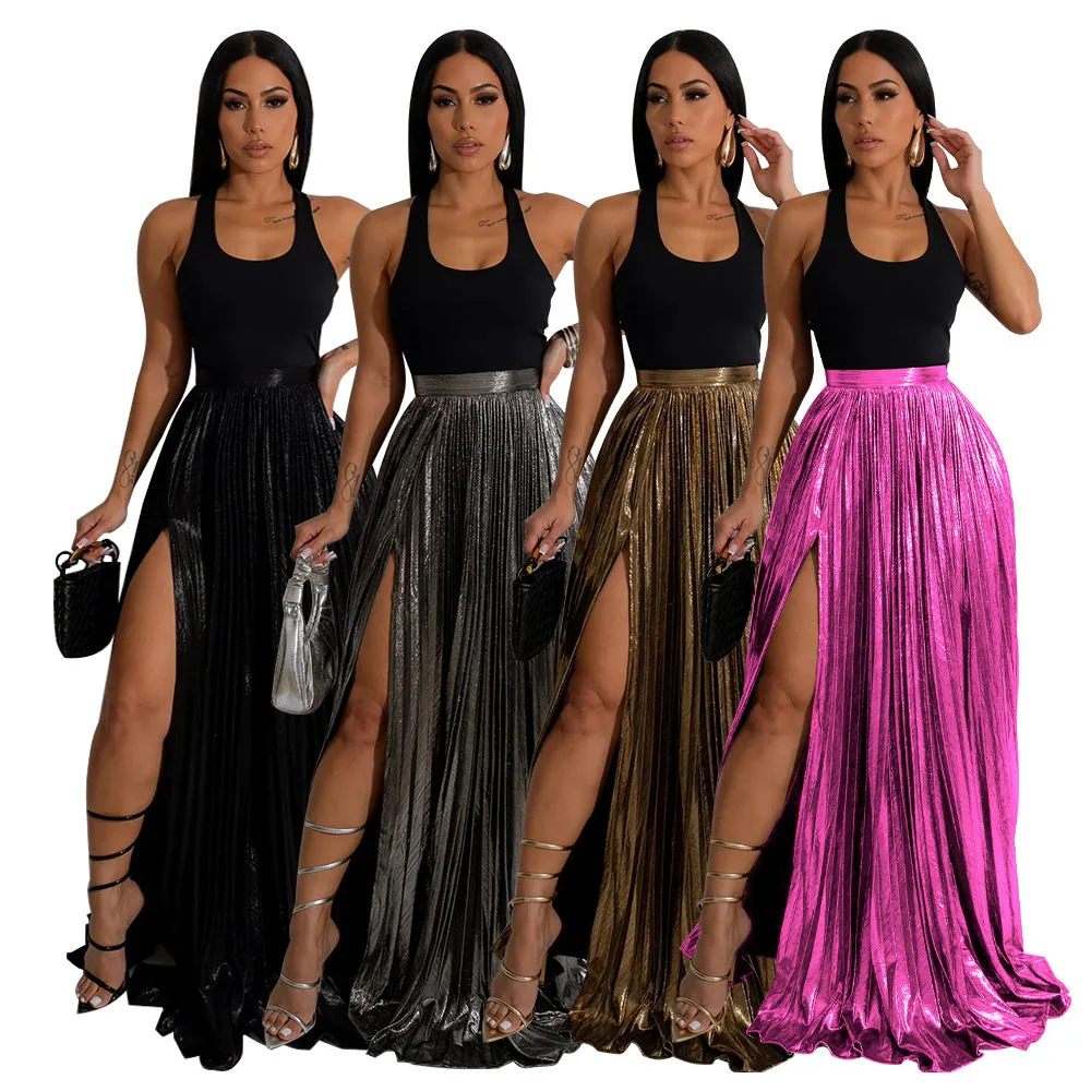 Lanfubeisi 2000s fashion Elegant Fashion Skirt Solid Color High Waist Pleated Split Dress for Women
