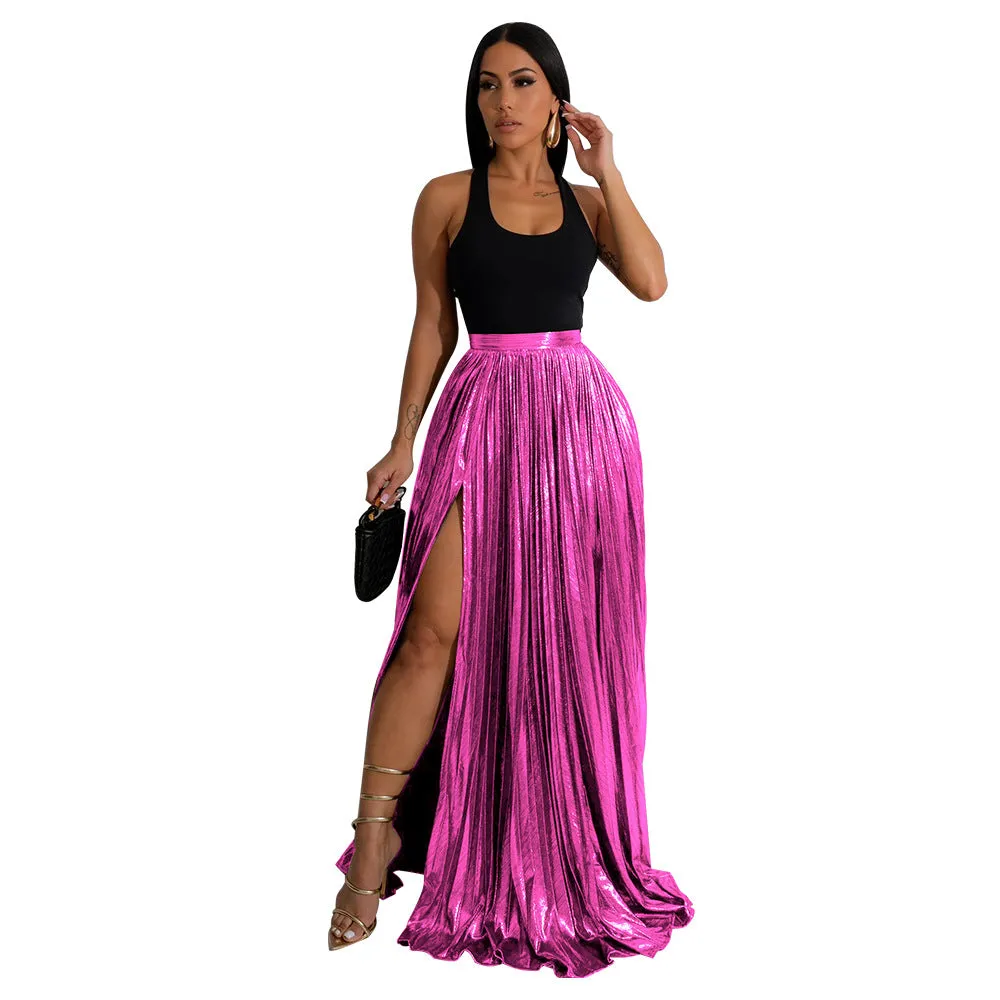 Lanfubeisi 2000s fashion Elegant Fashion Skirt Solid Color High Waist Pleated Split Dress for Women