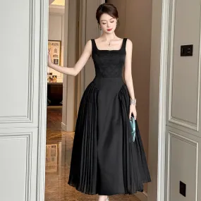Lanfubeisi supernatural dress to impress Hepburn Style Black Dress Summer New Women's French Square Collar Tight Waist Pleated Dress
