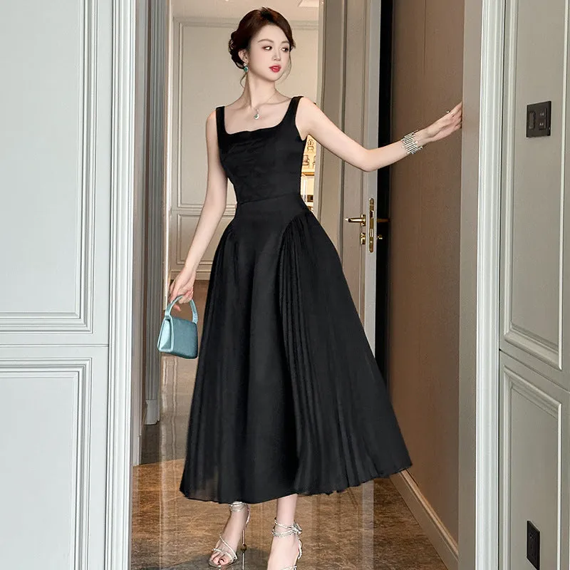 Lanfubeisi supernatural dress to impress Hepburn Style Black Dress Summer New Women's French Square Collar Tight Waist Pleated Dress