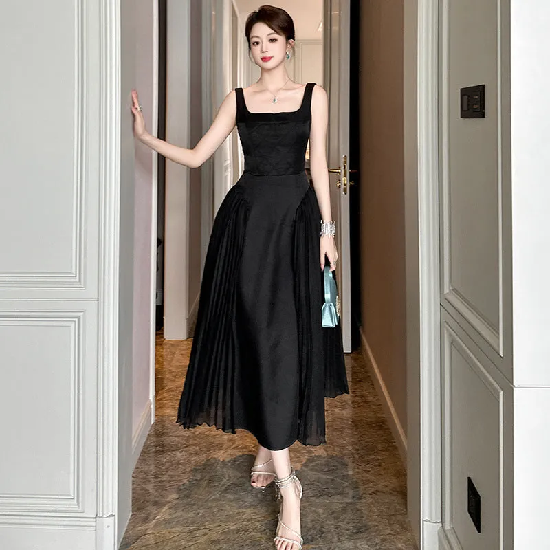 Lanfubeisi supernatural dress to impress Hepburn Style Black Dress Summer New Women's French Square Collar Tight Waist Pleated Dress