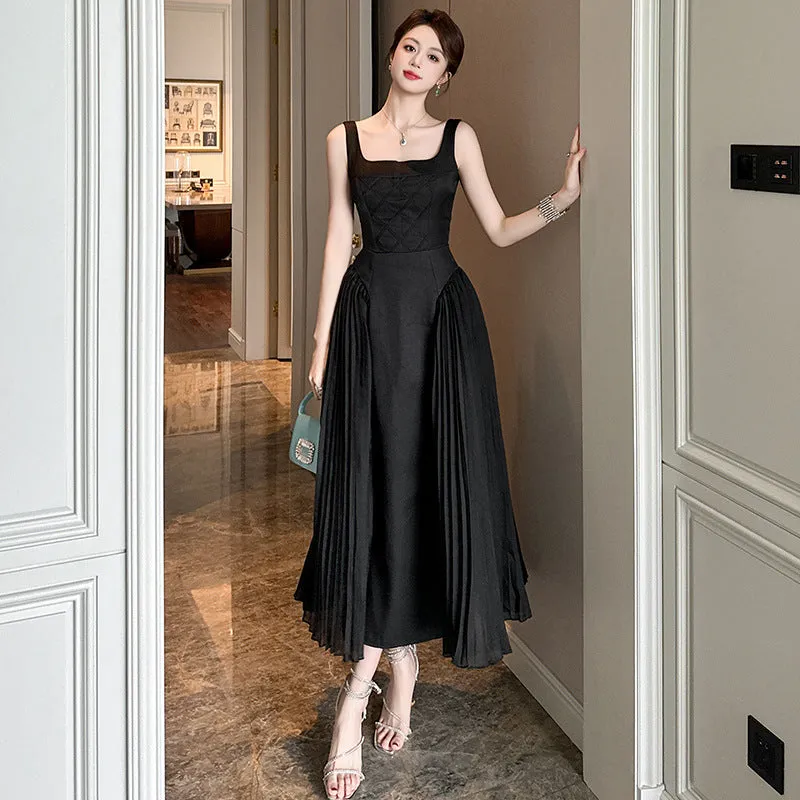 Lanfubeisi supernatural dress to impress Hepburn Style Black Dress Summer New Women's French Square Collar Tight Waist Pleated Dress