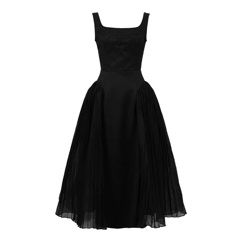 Lanfubeisi supernatural dress to impress Hepburn Style Black Dress Summer New Women's French Square Collar Tight Waist Pleated Dress