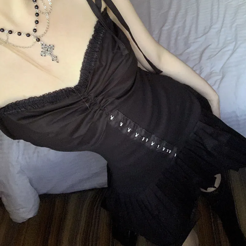 Lanfubeisi y2k outfits Fashion Design Pleated Slimming Hook Buckle Waist Tight Solid Color Sling Pleated Dress