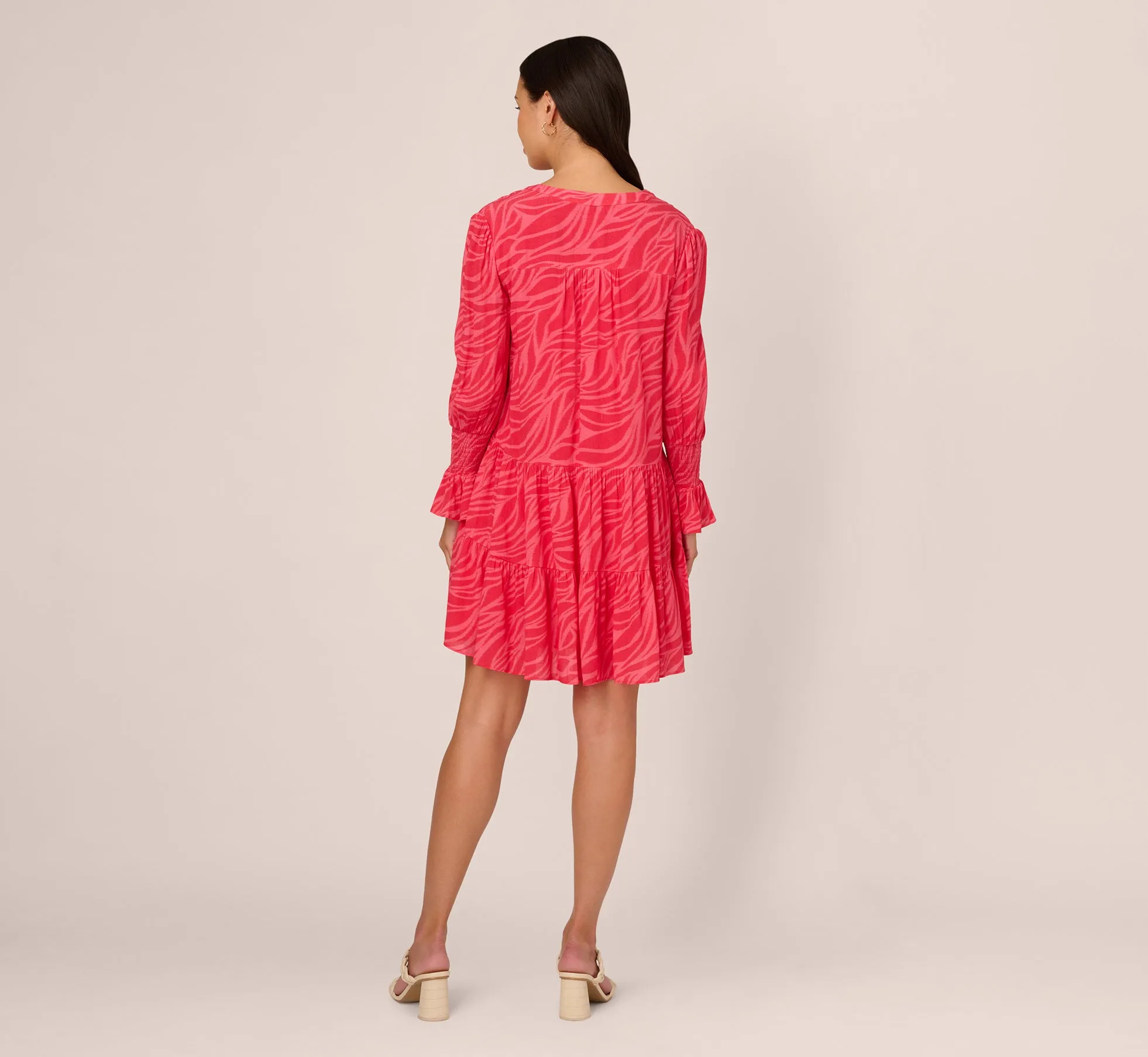 Leaf Print Tiered Shift Dress With Long Bell Sleeves In Pink Multi