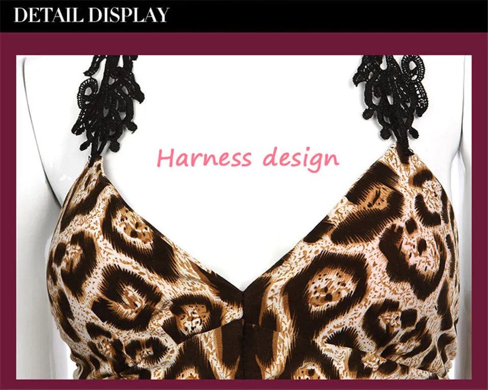 Leopard Print V-Neck Bodycon Long Dress Lace Up Backless Summer Dresses Straps Party Beach Vestidos Outfits