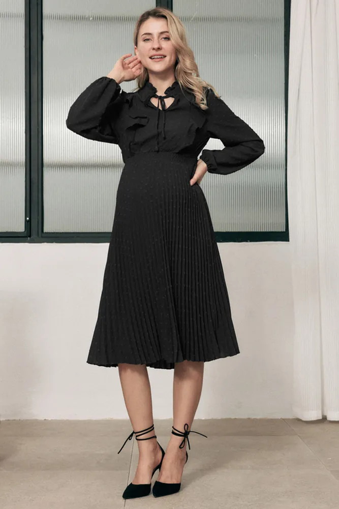 Maacie Maternity Swiss Dots Long Sleeve Elastic Waist Pleated Dress