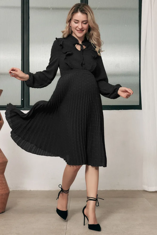 Maacie Maternity Swiss Dots Long Sleeve Elastic Waist Pleated Dress